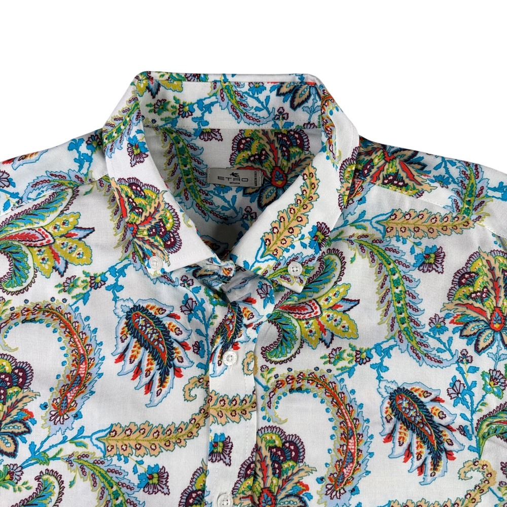 Etro Button Down Shirt Mens XL White Paisley Viscose Long Sleeve Made in Italy